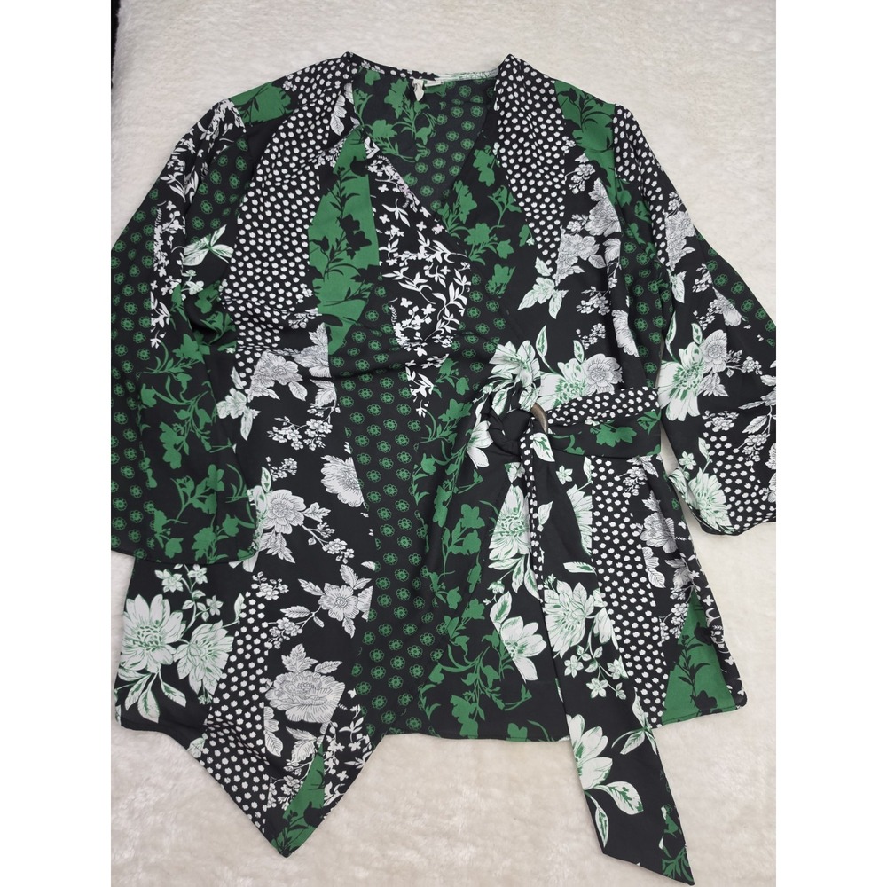 C est Cato Womens Faux Wrap Top Size M Green Black Floral Asymmetric 3/4 Sleeve